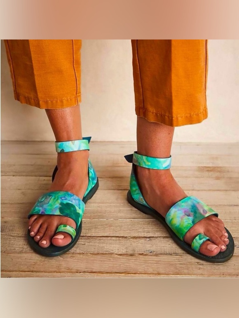 Free People Green Blue Tie-Dye Ankle-Strap Sandals